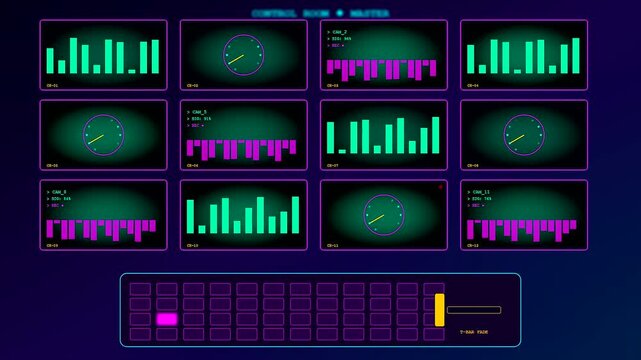 A sophisticated virtual broadcast studio interface displaying dynamic audio waveforms and rotating dials across a futuristic control panel for an advanced digital media production system