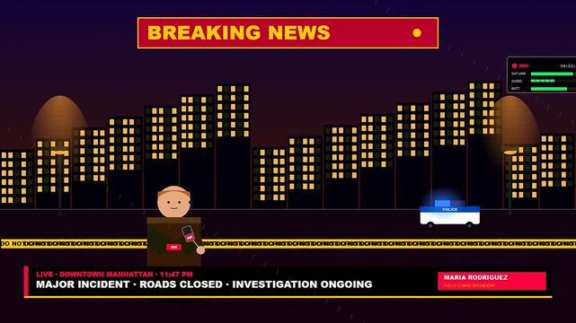 This vibrant virtual broadcast studio illustration displays a looping cityscape animation with emergency vehicles and a journalist reporting on a critical city wide event
