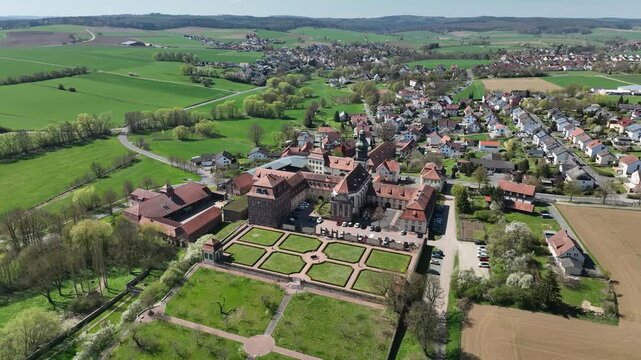 Aerial View Propstei Johannesberg, , Benedictine priory, district of Fulda in Hesse, Roman Catholic parish church of St. John the Baptist, Germany