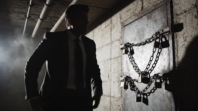 Silhouette of a man in a suit standing by a locked door with chains in a dimly lit space