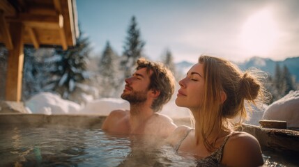 Fototapeta premium Geothermal hot springs resort, spa, bath pool, relaxation vacation theme. A man and woman in a hot tub surrounded by snowcovered trees and mountains.