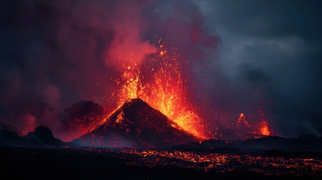 A volcano erupting lava into the air at night, with molten lava flowing into the ocean and smoke billowing from its peak.