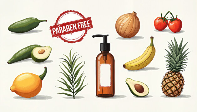 Colorful fruits and vegetables with paraben-free bottle
