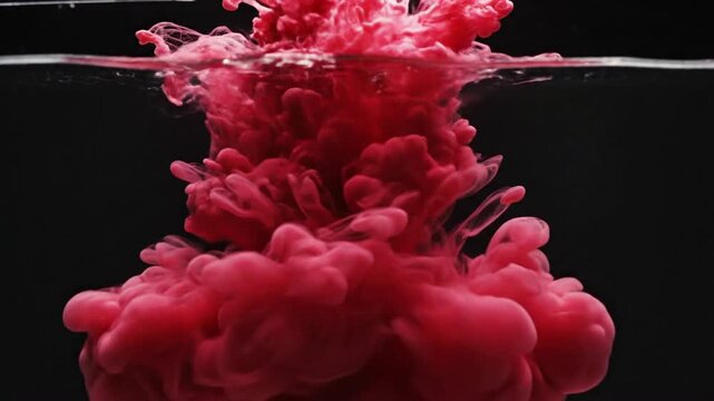 Red ink splash creates swirling patterns in water on black background showing fluid dynamics and color interaction