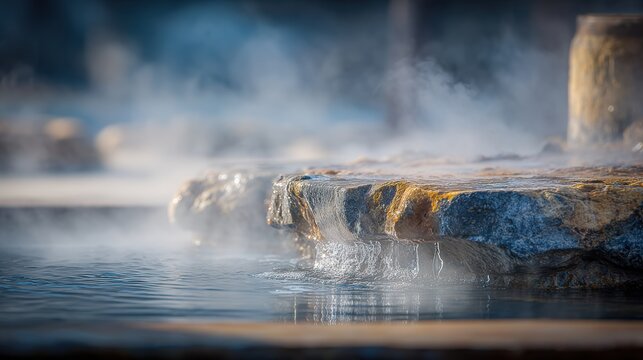 Geothermal hot springs resort, spa, bath pool, relaxation vacation theme. A closeup of a geyser erupting water, with steam rising from a rock in the middle of a body of water.