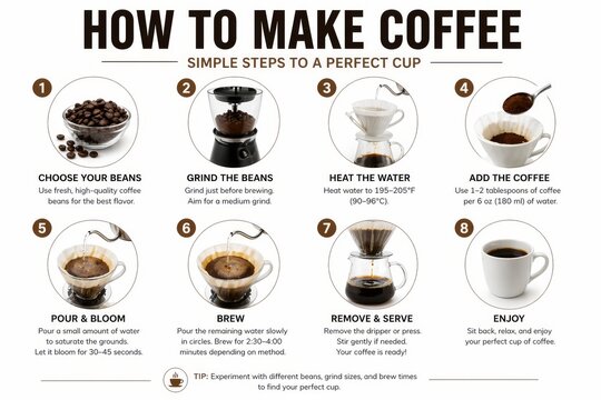 Infographic showing step by step guide how to make coffee with pour over method. Instructional diagram for preparing fresh hot beverage. Manual process for brewing espresso or drip variety at home