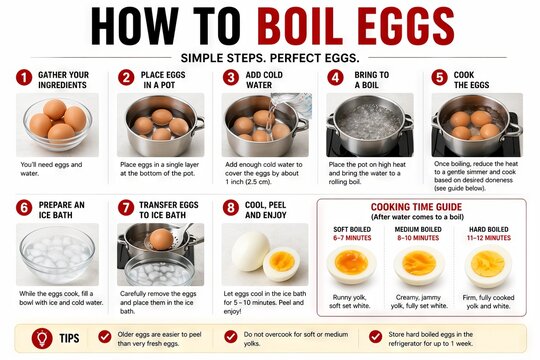 Infographic guide showing how to boil eggs with step by step cooking instructions. Simple culinary tutorial for preparing food with time guide and cooking tips for healthy nutrition and kitchen skill