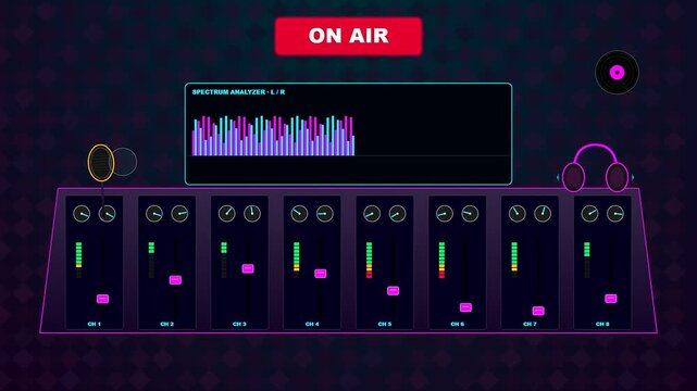 An immersive Virtual Broadcast Studio interface features glowing neon mixing boards with dynamic faders and flickering spectrum analyzers pulsing to an electronic rhythm