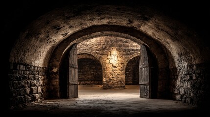 Fototapeta premium Ancient Stone Archway Interior Leading into Dimly Lit Vaulted Chambers with Old Wooden Doors