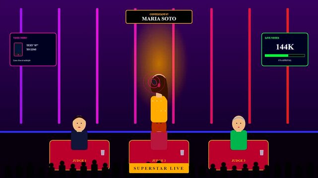 A vibrant virtual broadcast studio showcasing a digital talent competition where live voting numbers rapidly escalate while judges evaluate a singing performer on stage