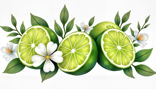 Lime slices with leaves and flowers on a white background
