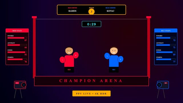 An immersive Virtual Broadcast Studio featuring a stylized combat sports interface with evolving performance metrics and a ticking match clock for digital athletic competitions