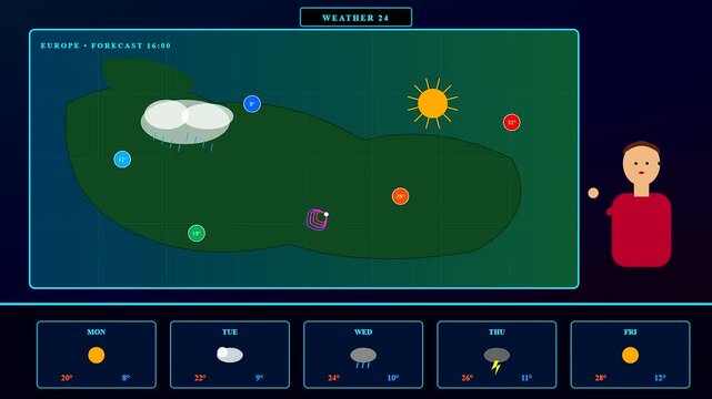 Inside a sleek virtual broadcast studio an illustrated presenter gestures toward a digital map while explaining the diverse meteorological forecast across the European continent today