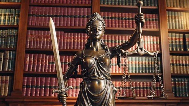 Bronze blindfolded goddess representing law statue in a library with books