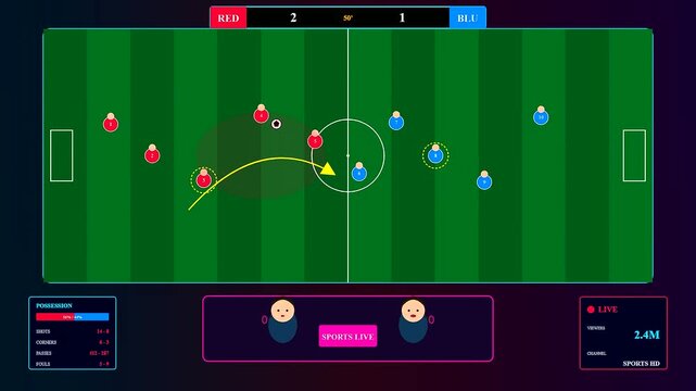 A sophisticated virtual broadcast studio showcasing a digital soccer match simulation with dynamic tactical overlays and real time player movements across a green pitch