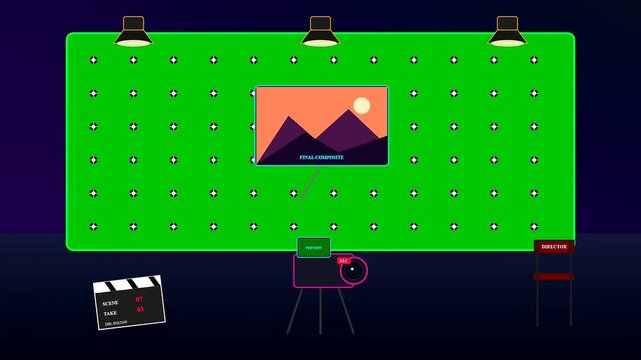A sophisticated Virtual Broadcast Studio arrangement depicting a chroma key environment and cinema gear for modern digital storytelling within a minimalist flat vector animation
