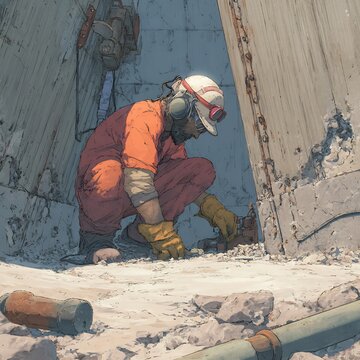 Resolute worker meticulously servicing a subterranean mechanism, illuminated by a focused beam, embodying resilience and technical proficiency in a confined space.