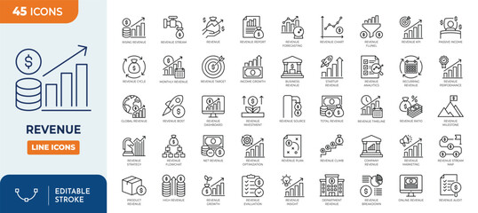 Fototapeta na wymiar Revenue icon set. Contain icons related to Revenue. Editable stroke. Vector illustration