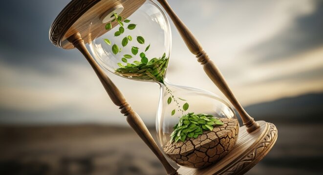 An hourglass with green plants growing inside on a natural background close up detail view natural l