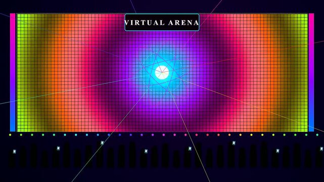 A futuristic Virtual Broadcast Studio featuring dynamic neon radial gradients and digital grid patterns shifting through vibrant colors for high energy esports gaming transmissions
