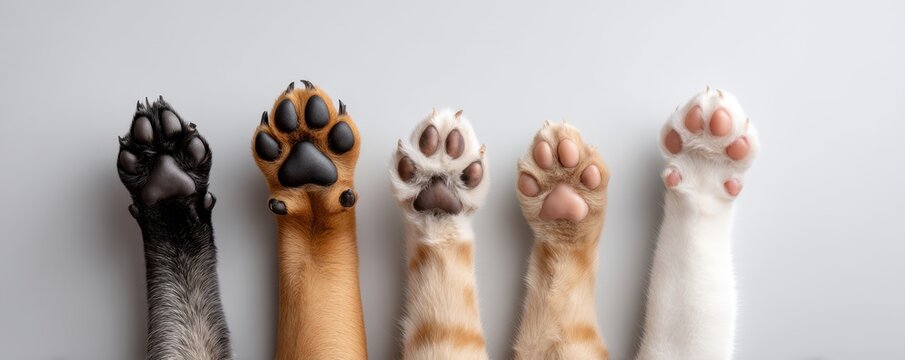 Five adorable pet paws of different breeds lined up on a light background, showcasing unique colors and textures, perfect for animal lovers and pet enthusiasts