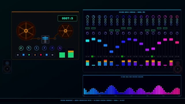 An intricate Virtual Broadcast Studio interface displaying dynamic neon audio levels and spectral analyzers shifting across a futuristic digital mixing console for modern sound engineering