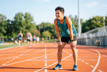 Obraz premium Tired male runner resting on an outdoor running track