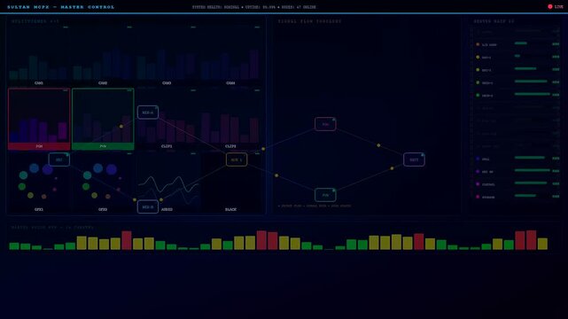 An intricate Virtual Broadcast Studio interface displays shifting data streams and dynamic audio levels across a complex digital network for high end media production