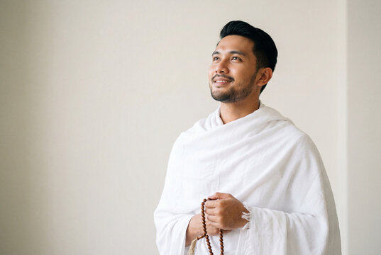 Muslim man in white ihram garment holding prayer beads