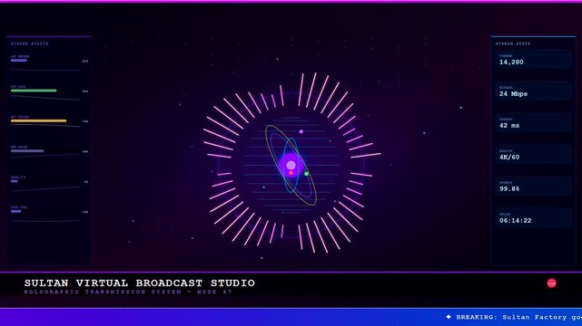 A futuristic Virtual Broadcast Studio interface featuring a rotating holographic atomic nucleus surrounded by pulsating data streams and neon metrics for advanced digital transmission