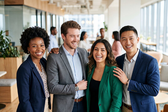 Diverse team of professionals smiling in modern office