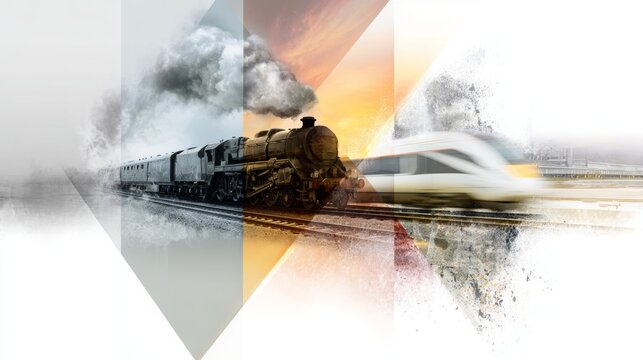 Vintage steam locomotive morphing into a sleek high-speed train, visualizing railway evolution from past to future, speed, technology, and continuous transport progress