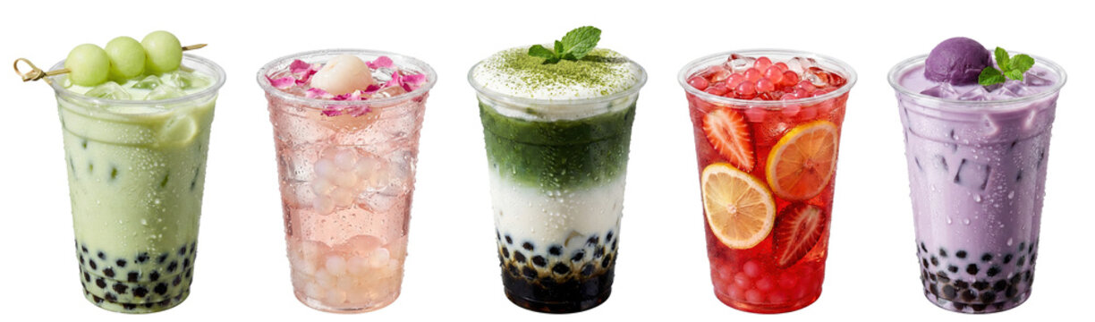 assorted colorful bubble tea boba drinks with various fruit garnishes and tapioca pearls in plastic takeaway cups on transparent background