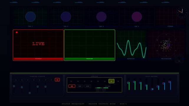 An immersive virtual broadcast studio interface displaying dynamic audio waveforms and monitoring panels shifting through various operational states within a dark futuristic control room environment