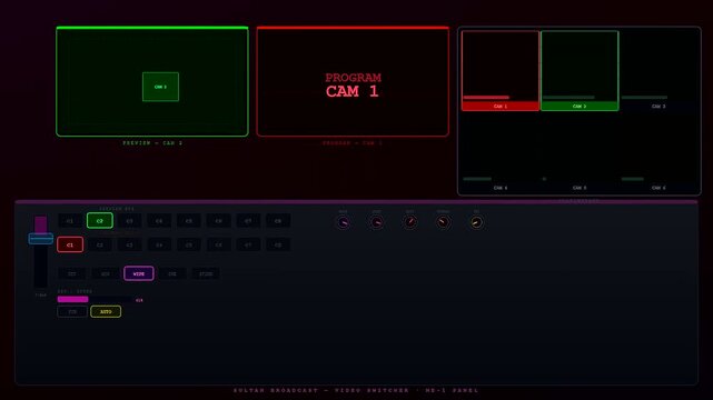 Virtual Broadcast Studio interface demonstrating the switching of live camera feeds through a digital control panel for television production.