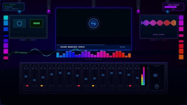 A futuristic Virtual Broadcast Studio interface displaying dynamic audio waveforms and spectral analyzers within a dark neon cybernetic environment for professional digital media streaming