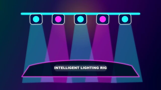An immersive virtual broadcast studio showcasing a sophisticated intelligent lighting rig that project pulsating neon cyan and magenta spotlights over a dark futuristic platform
