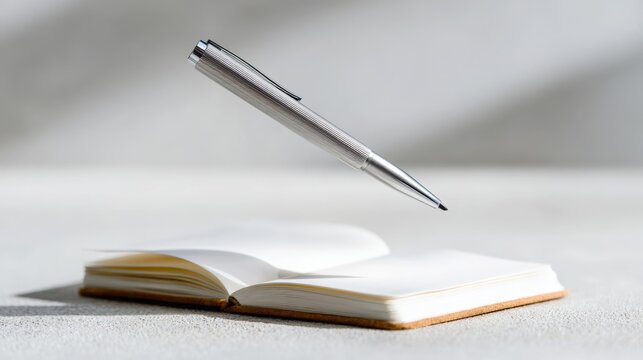 Silver pen levitating above an open blank notebook, symbolizing creativity, inspiration, overcoming writer's block, idea generation, innovation, and magic in writing or storytelling