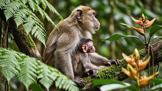 Mother rhesus macaque feeds and protects her baby in a green forest setting
