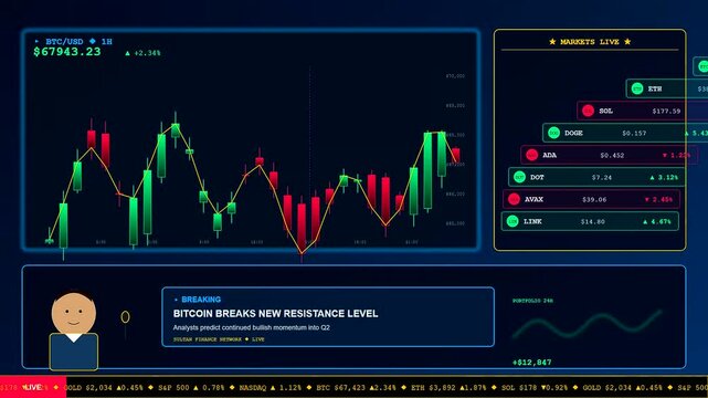 This cinematic Virtual Broadcast Studio visualization showcases dynamic financial market data updates with animated trading charts and scrolling headlines for professional economic news reporting