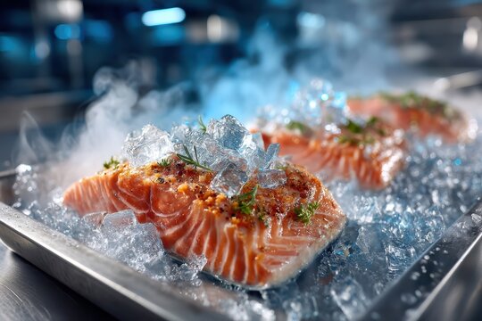 Wild salmon fillet in blast freeze moment with ice crystal formation advancing across surface
