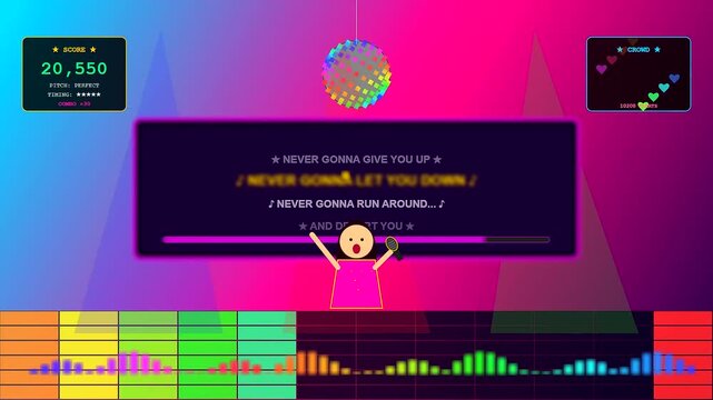 A vibrant virtual broadcast studio featuring a digital avatar performing rhythmic music while neon lyrics and interactive scoring elements dance across a colorful screen