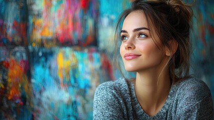 Naklejka premium Dreamy Young Woman Looking Away Against Colorful Abstract Painted Background