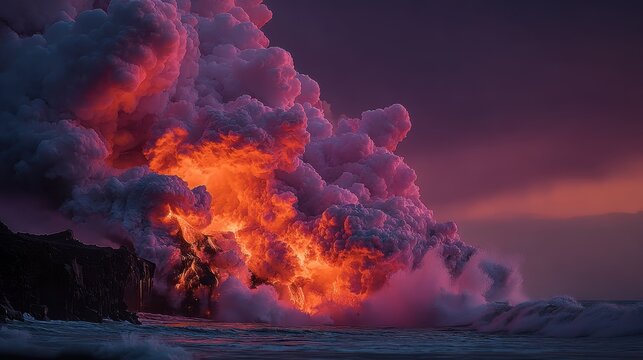 A dramatic scene of a volcano erupting lava into the ocean at sunset, with a large plume of smoke billowing into the sky.