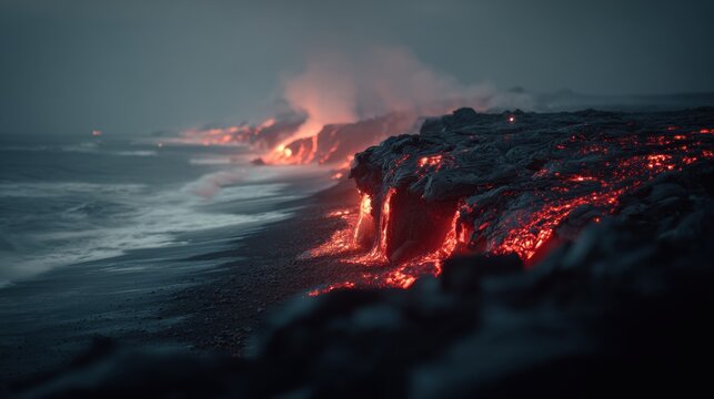A dramatic scene of lava flowing into the ocean at night, illuminated by the bright orange glow of the lava and the deep blue of the night sky. The water reflects the lava.