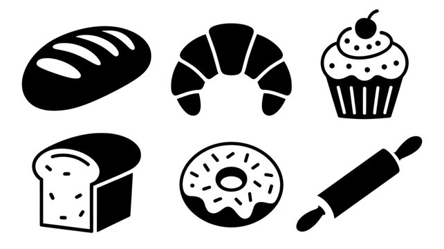 Bakery icons including bread croissant cupcake and rolling pin on white background