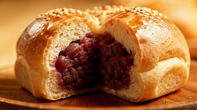Close-up of a freshly baked Japanese Anpan sweet bun, sliced open to reveal its delicious red bean paste filling, on a wooden plate.