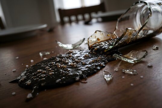 Diagonal macro close-up of a dining table with spilled soy sauce tar and a shattered bottle