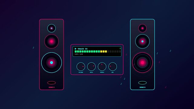 A futuristic Home Entertainment UI animates with neon cyan and magenta glows as rhythmic audio frequencies pulse through sleek digital speakers in dark space