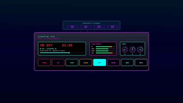 A sophisticated Home Entertainment UI displays a retro futuristic interface with glowing neon accents as various digital buttons toggle through a cinematic media playback system
